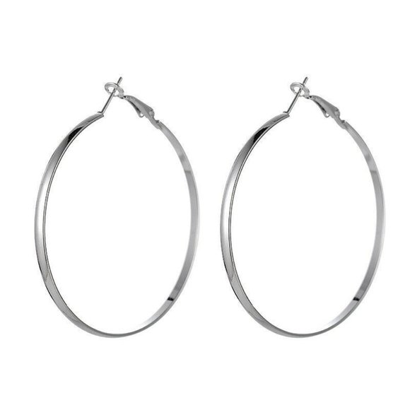 18K White Gold Plated Silver Large Smooth Hoop Earrings 50mm or 1.96" Party Gift - Picture 1 of 2